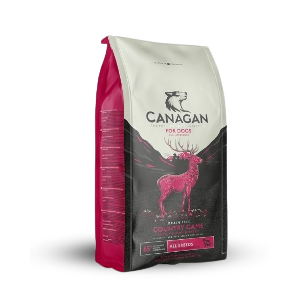 Canagan Country Game grain-free dog food with fresh duck, game meat, sweet potato, seaweed, and immune-boosting herbs for all breeds