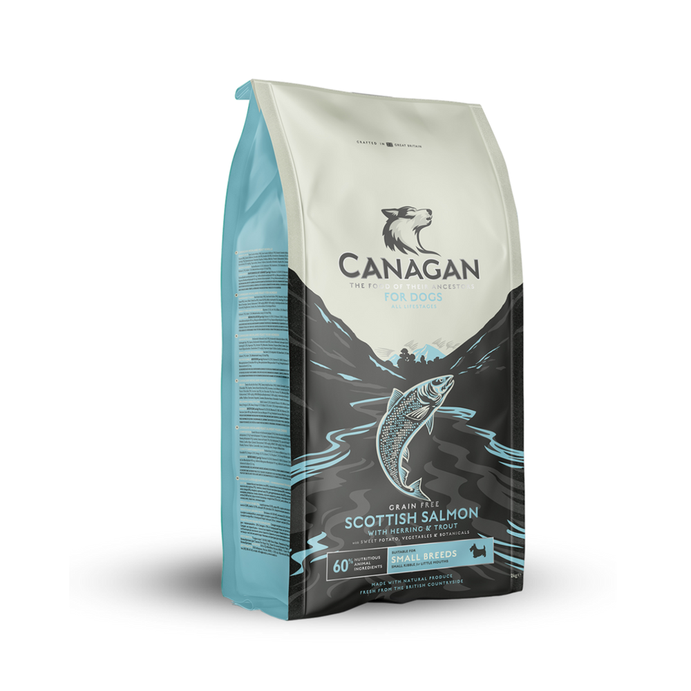 Canagan Grain Free Scottish Salmon dog food for small breeds with natural ingredients and omega-3.