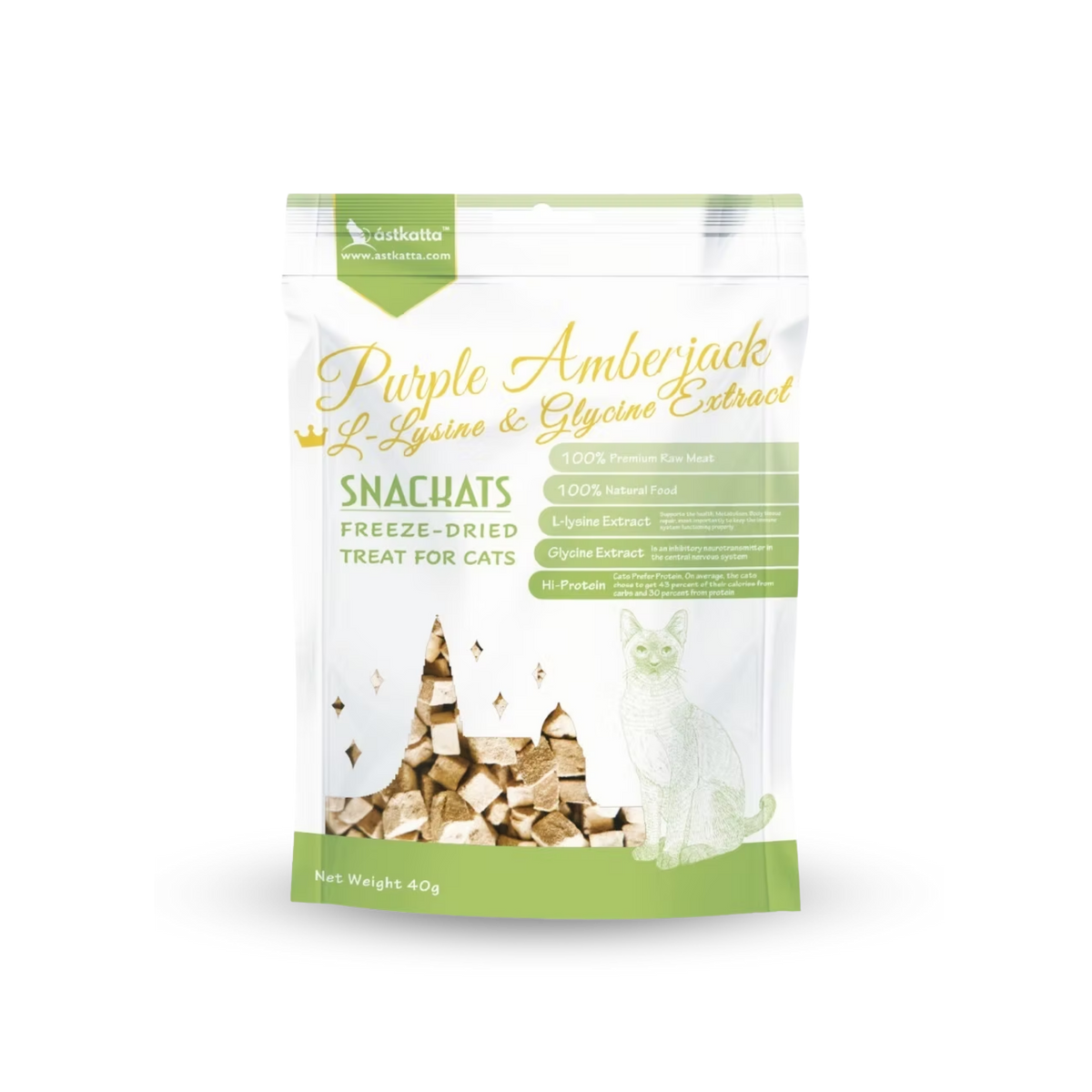 Astkatta Freeze-Dried Treat Purple Amberjack  + L-Lysine & Glycine Extract for Cat Treat 40g | 凍乾營養貓小食 [ A白綠袋 ] 鮮甜鰤魚 (賴胺酸及甘胺酸) PET