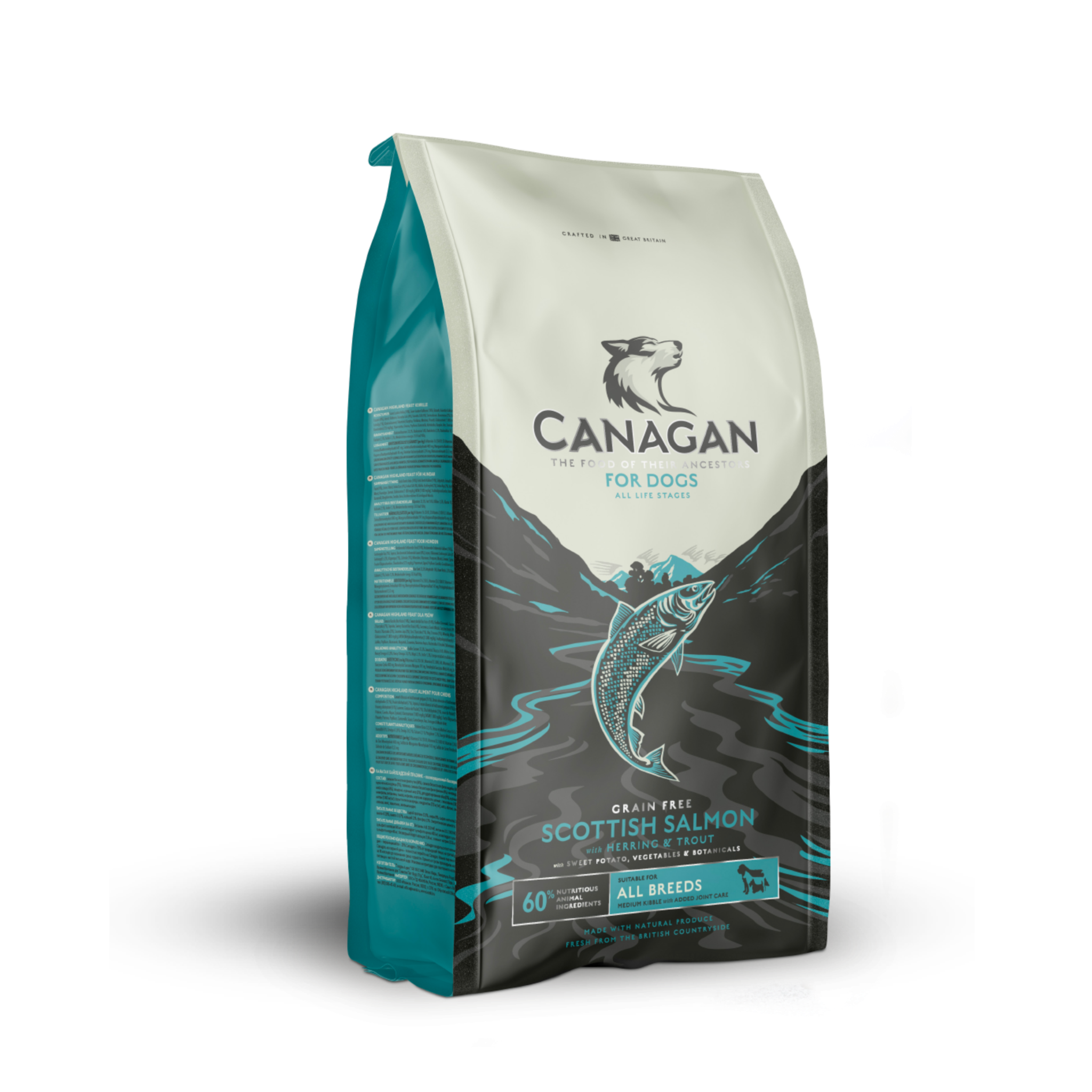 Canagan Grain Free Scottish Salmon dog food bag with wild salmon and natural ingredients for all breeds