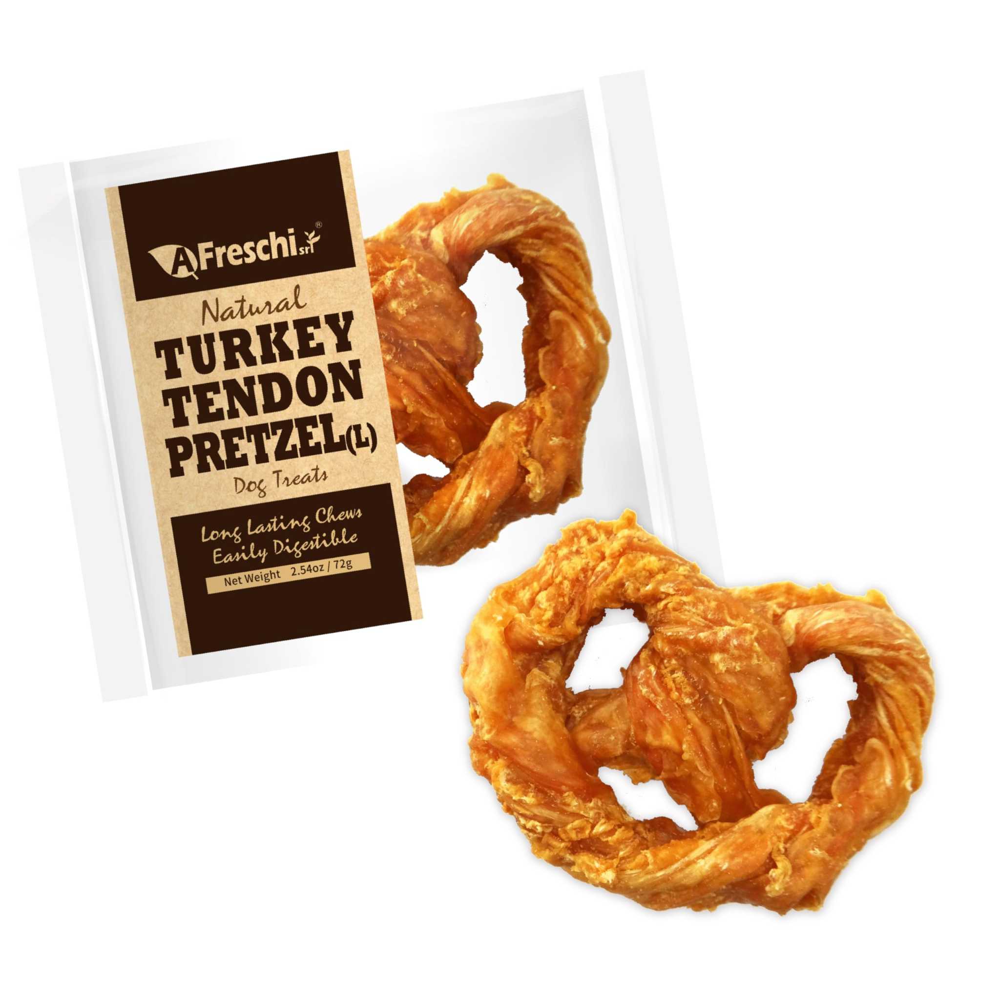 Afreschi Natural Turkey Tendon Pretzel dog chew treats, long-lasting, easily digestible, high-protein natural turkey tendon snacks.