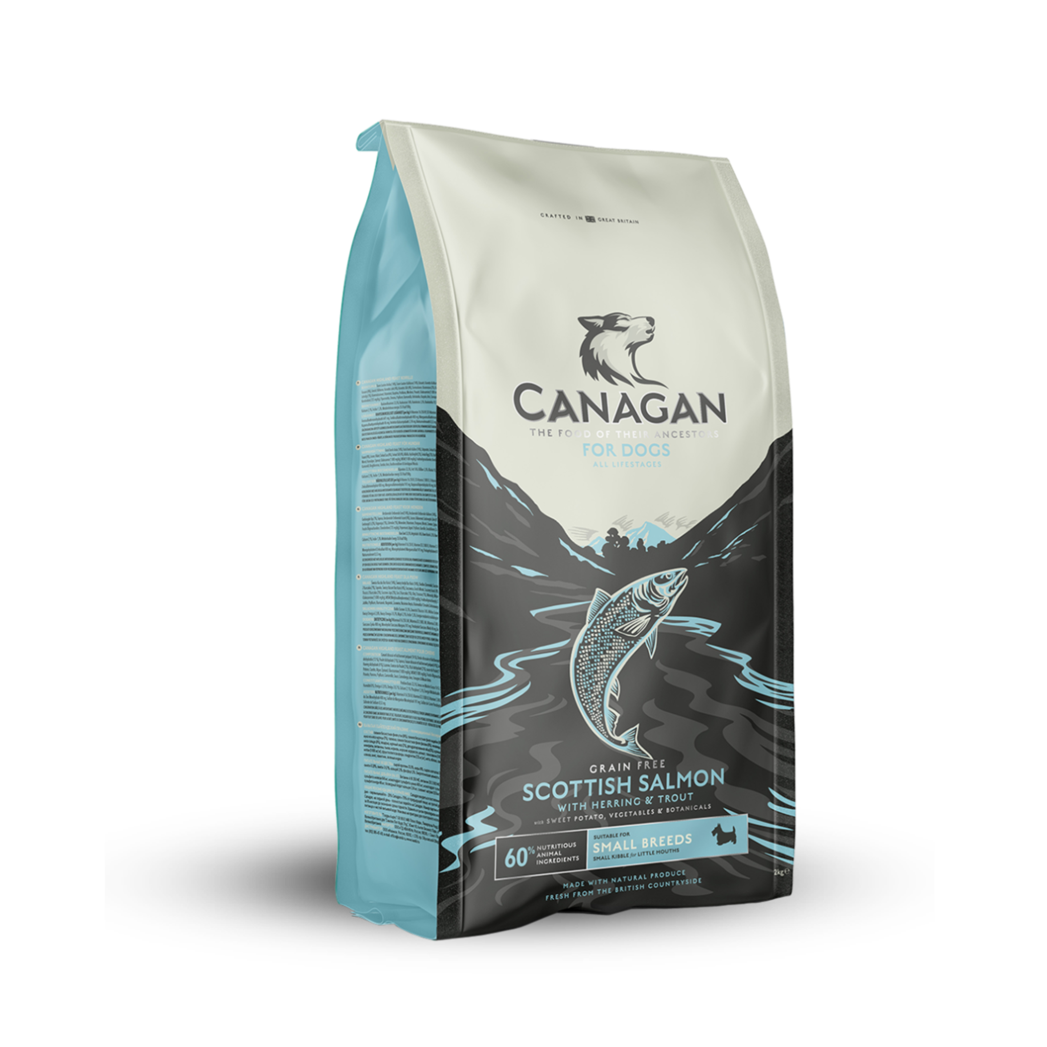 Canagan Grain Free Scottish Salmon dog food for small breeds with natural ingredients and omega-3.