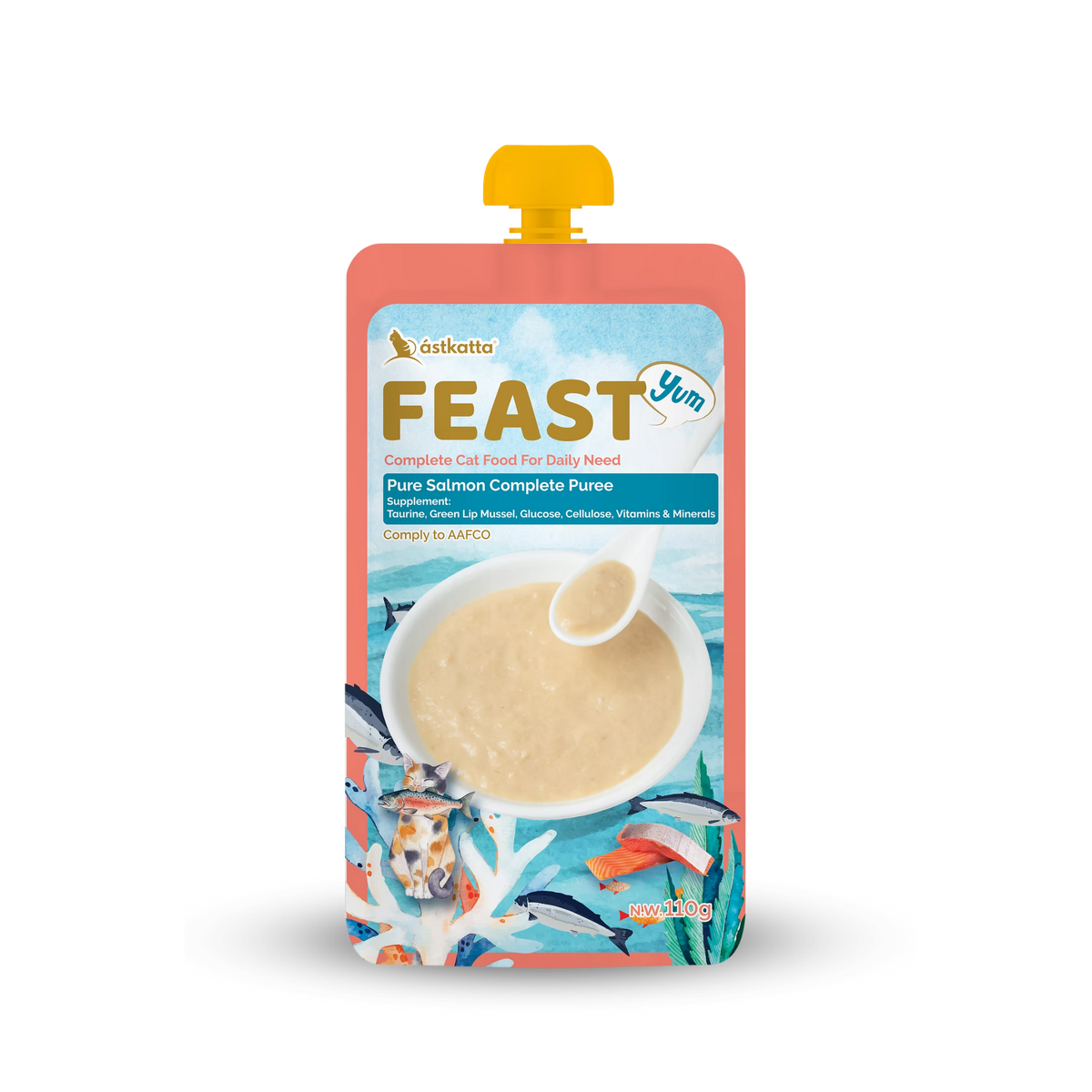 Astkatta FEAST Complete Puree - Pure Salmon    Astkatta - Feast 鮮肉盛宴營養主食肉泥唧唧包 - 純三文魚 Salmon Puree 110g ástkatta